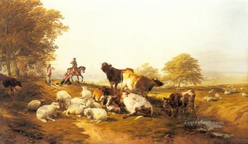 トーマス・シドニー・クーパー Painting - 広大な風景の中で休む牛と羊 農場の動物たち トーマス・シドニー・クーパー
